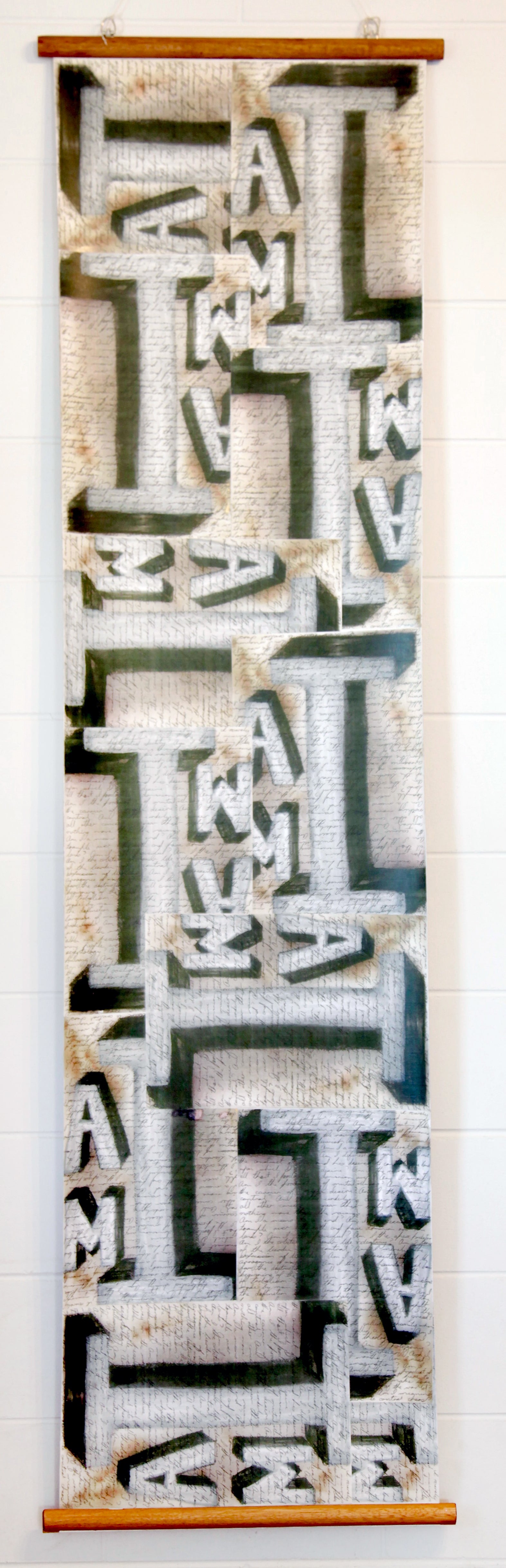 Am I? II - Acrylic Polymer Pigment Ink Charcoal Oil Pastel & Paper Collage on Linen  - 550 x 2110 mm