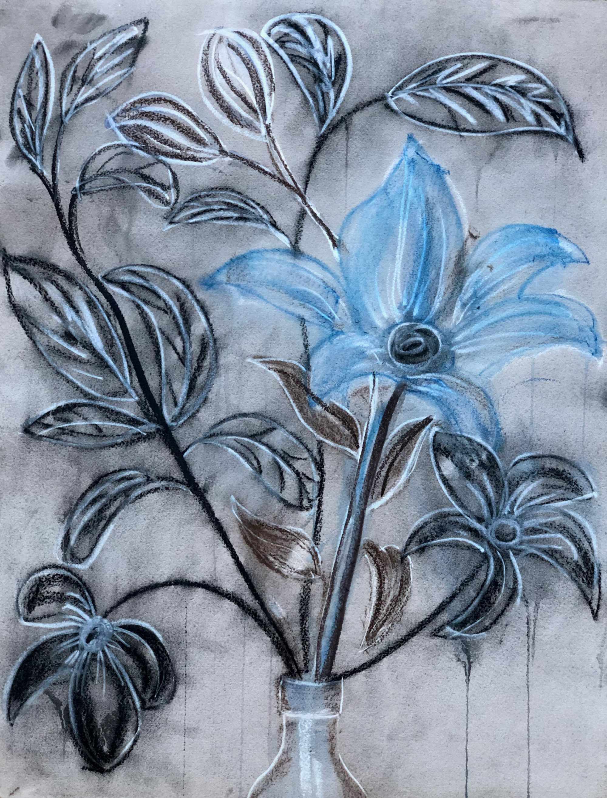 Still Life With Blue Flower - Charcoal & Pastel on Arches - 420 x 600mm