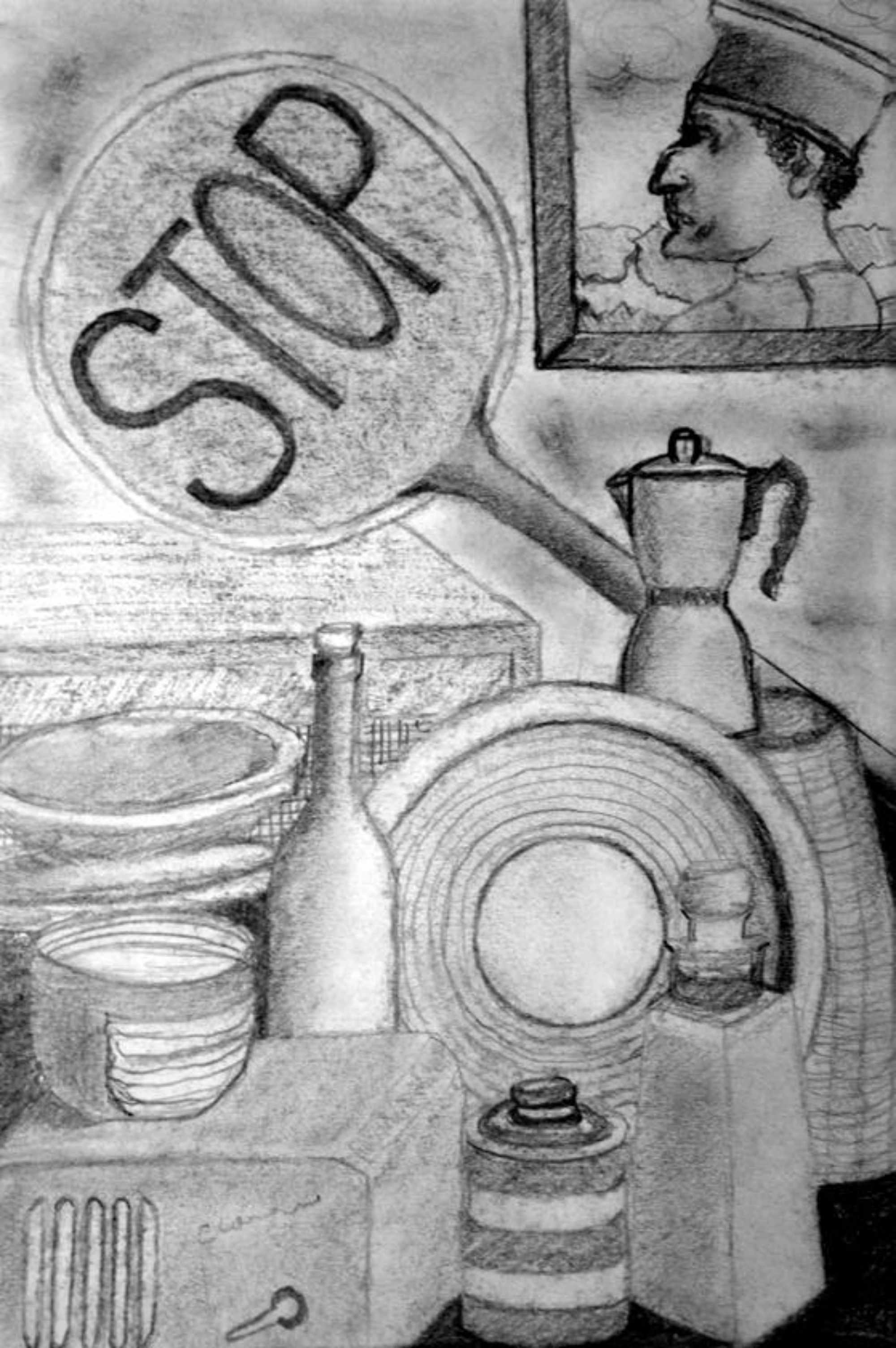 Still Life With Stop Sign - Graphite & Charcoal on Cartridge - 210 x 300mm
